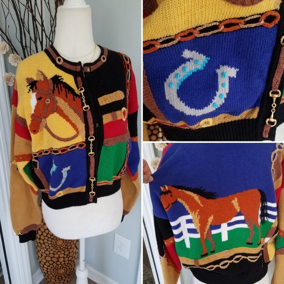 Rare Vintage Berek Horse cropped cardigan sweater - Picture 2 of 8